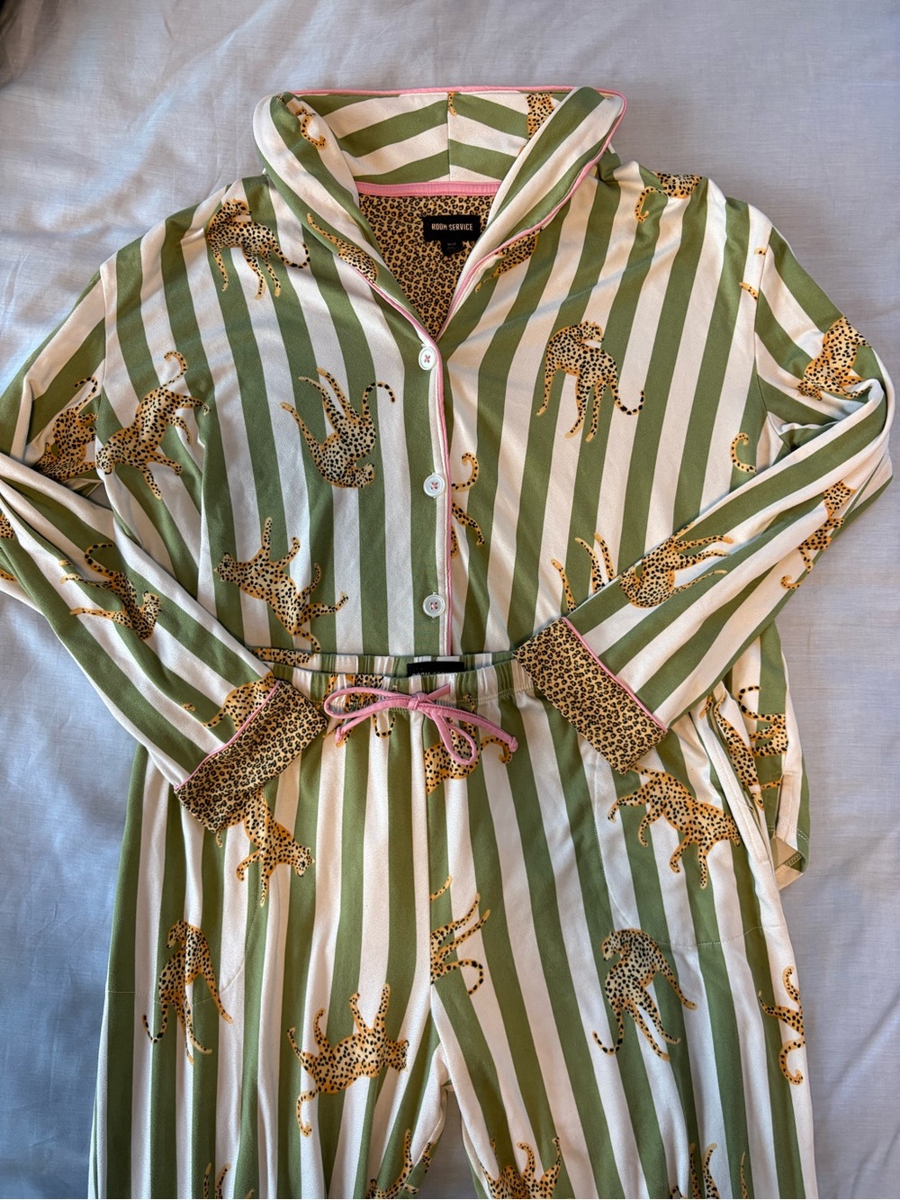Room Service Green & White Striped Leopard Print Pajama Set - size medium - Picture 2 of 9